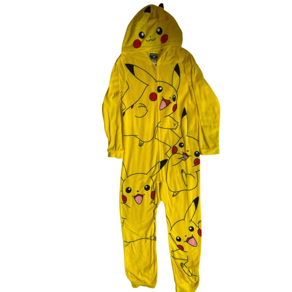 Official Pokemon Pikachu Hooded Onesie Pajamas Yellow Fleece Kids Size L USED